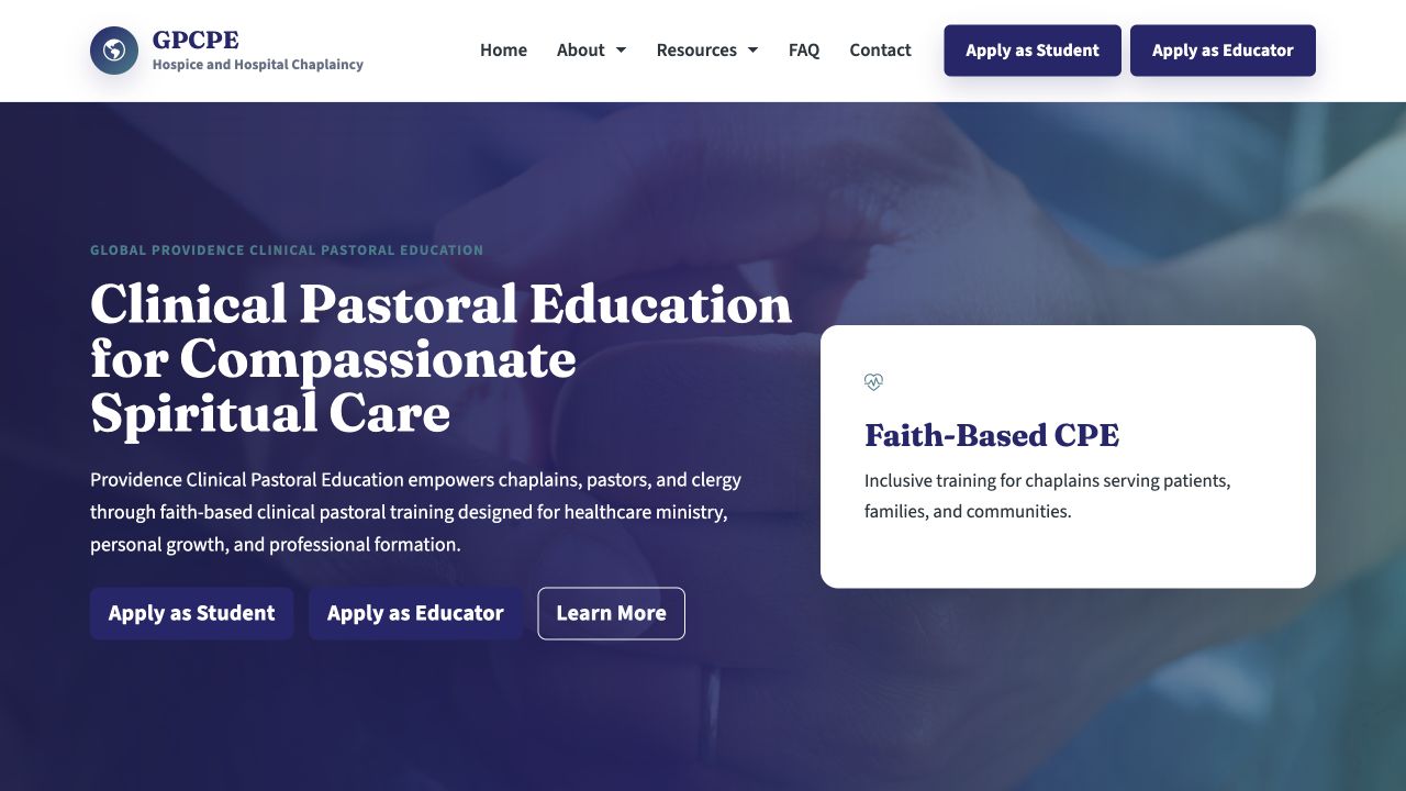 Global Providence CPE homepage introducing clinical pastoral education and faith-based training