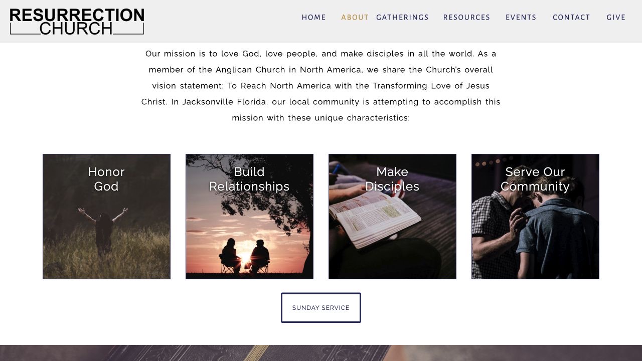 Mission section showing four photographic cards: Honor God, Build Relationships, Make Disciples, and Serve Our Community