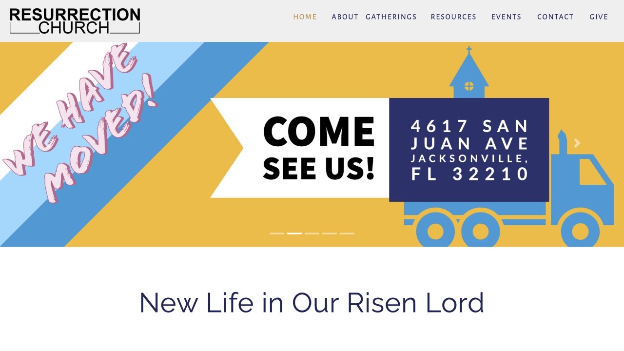 Archived Resurrection Church homepage featuring the Jacksonville skyline