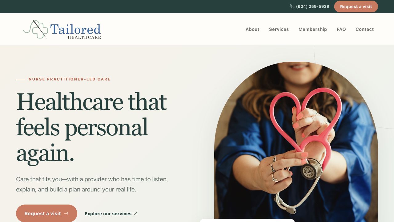 Tailored Healthcare homepage with its logo, primary care introduction, and a nurse holding a stethoscope